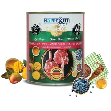 Happy&amp;Fit Superior Hypoallergen kutyakonzerv Marha-Mangó-Áfonya 400g