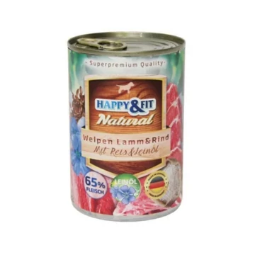 Happy&amp;Fit Natural Dog Konzerv Junior Bárány &amp; Marha Rizzsel &amp; Lenmagolajjal 800g