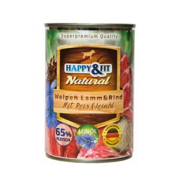 Happy&amp;Fit Natural Dog Konzerv Junior Bárány &amp; Marha Rizzsel &amp; Lenmagolajjal 400g