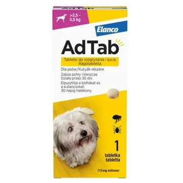 AdTAdTab kullancs és bolha elleni rágótabletta kutyáknak (1 tablettás kiszerelés | 2.5 - 5.5 kg | 112 mg)
