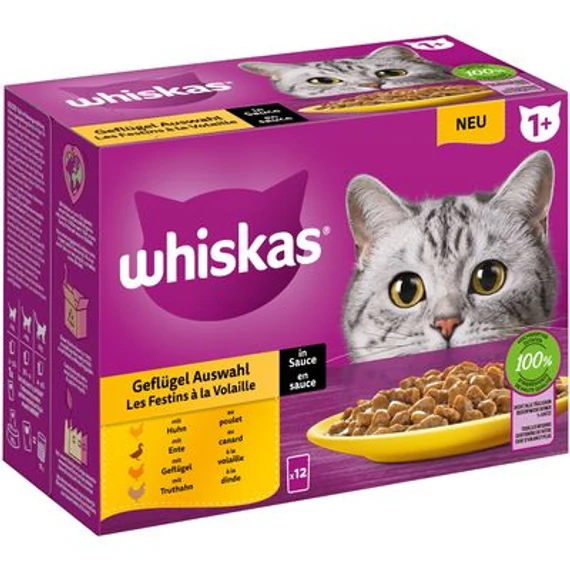 Whiskas 1+ frissentartó tasakban 12 x 85 g Szárnyasválogatás szószban