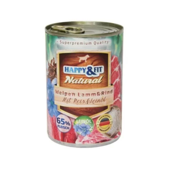 Happy&Fit Natural Dog Konzerv Junior Bárány & Marha Rizzsel & Lenmagolajjal 800g