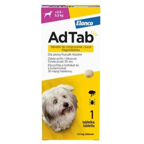 AdTAdTab kullancs és bolha elleni rágótabletta kutyáknak (1 tablettás kiszerelés | 2.5 - 5.5 kg | 112 mg)